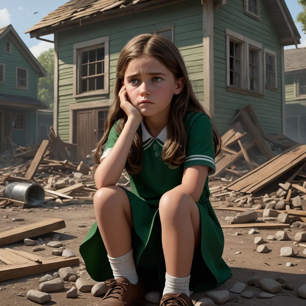 a girl sitting on the ground in front of a house with rubble all around her and a broken leg, photorealism, a detailed matte painting, Cliff Childs, unreal engine 5 rendered
