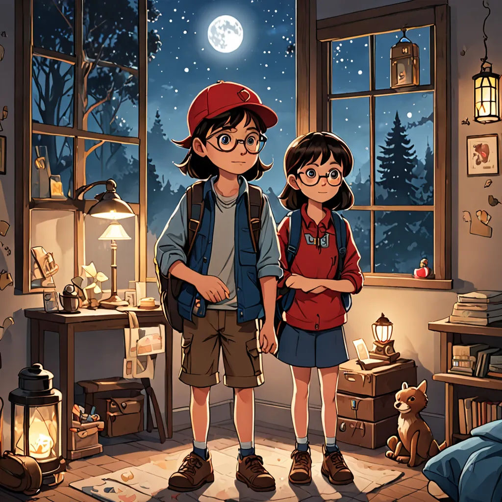 a boy and a girl standing in a room with a window and a night sky outside the window and a teddy bear, serial art, a storybook illustration, Diego Gisbert Llorens, rossdraws global illumination