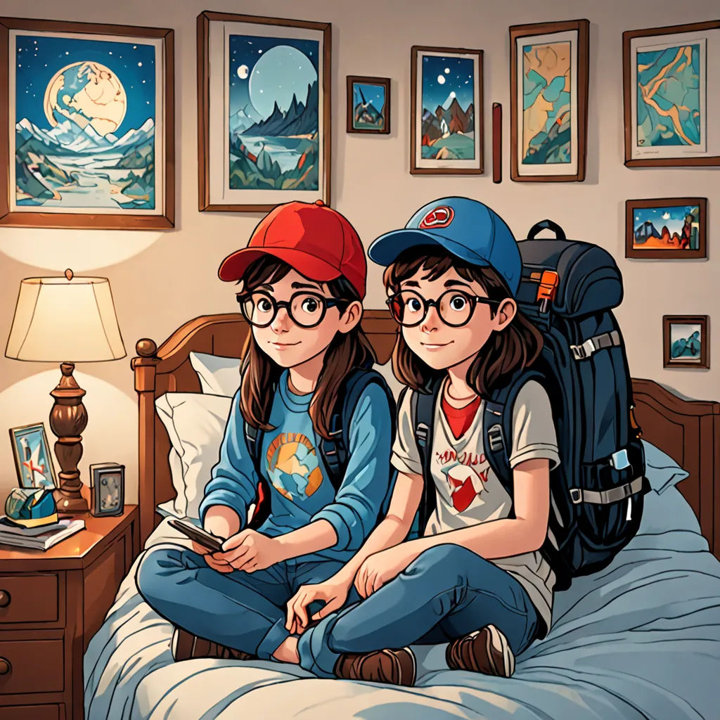 a couple of people sitting on a bed in a room with pictures on the wall and a lamp on, space art, a storybook illustration, Atey Ghailan, pokemon