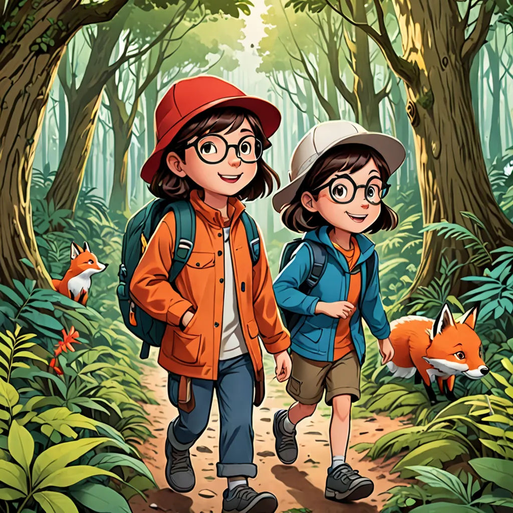 a couple of kids walking through a forest with a fox behind them and a fox behind them, with a forest background, process art, poster art, Cliff Childs, official art