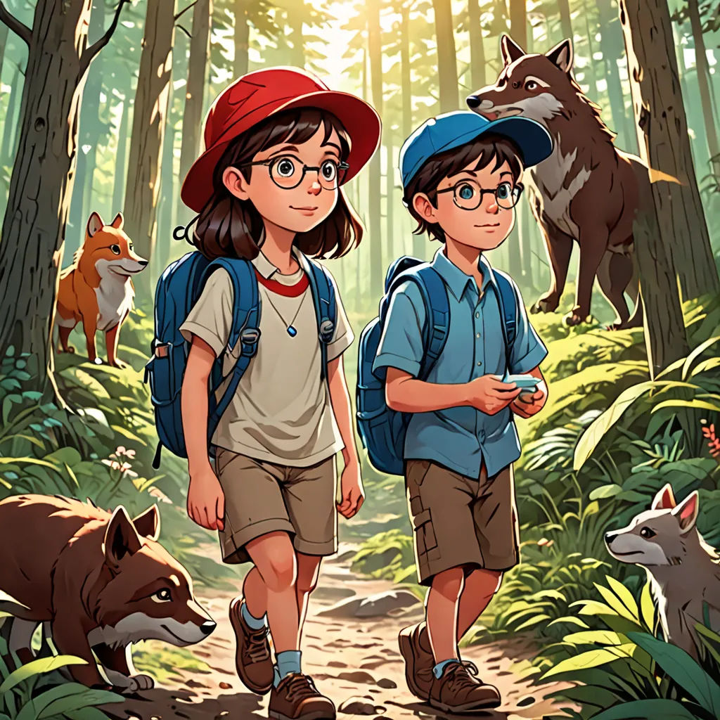 two children are walking through the woods with animals on the ground and a dog on the ground behind them, process art, a comic book panel, Diego Gisbert Llorens, comic cover art