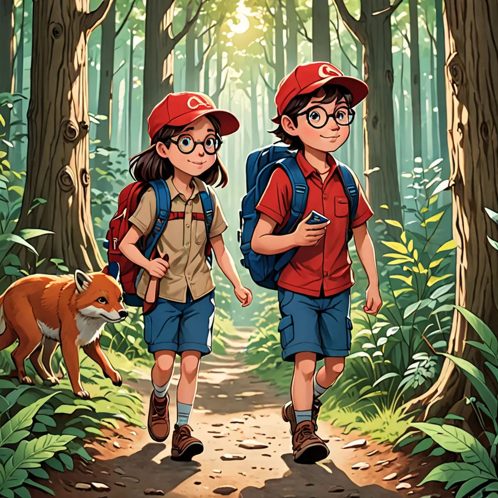 two children walking in the woods with a dog and a backpack on their backs, one boy is holding a cell phone, serial art, a storybook illustration, Colin Middleton, official art