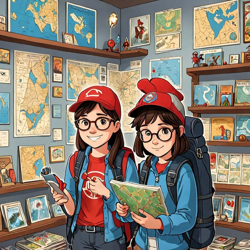 two girls are standing in a room with maps and backpacks on the shelves and looking at a map, academic art, a storybook illustration, Atey Ghailan, comic book