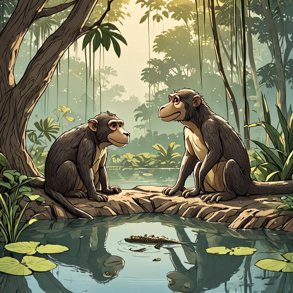 two monkeys sitting on a rock in a jungle by a pond of water and lily pads, with a reflection of the water in the water, sumatraism, a comic book panel, Chris LaBrooy, official art