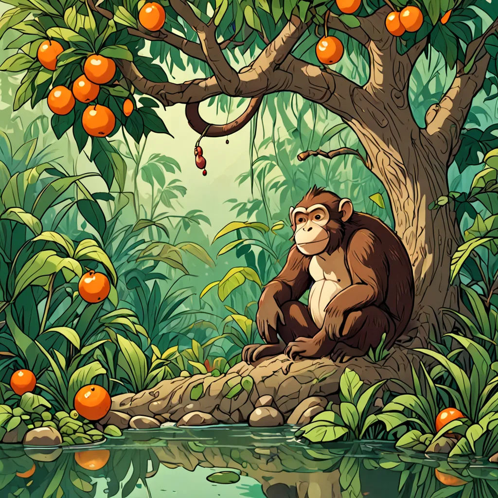 a monkey sitting on a rock in a jungle by a river with oranges hanging from a tree in the background, naturalism, a storybook illustration, Chris LaBrooy, jungle