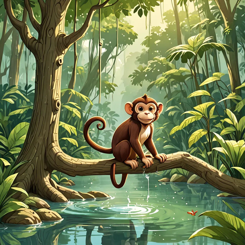 a monkey sitting on a tree branch in a jungle with a pond of water and a forest background with a reflection of the tree, fantasy art, a storybook illustration, Chris LaBrooy, jungle