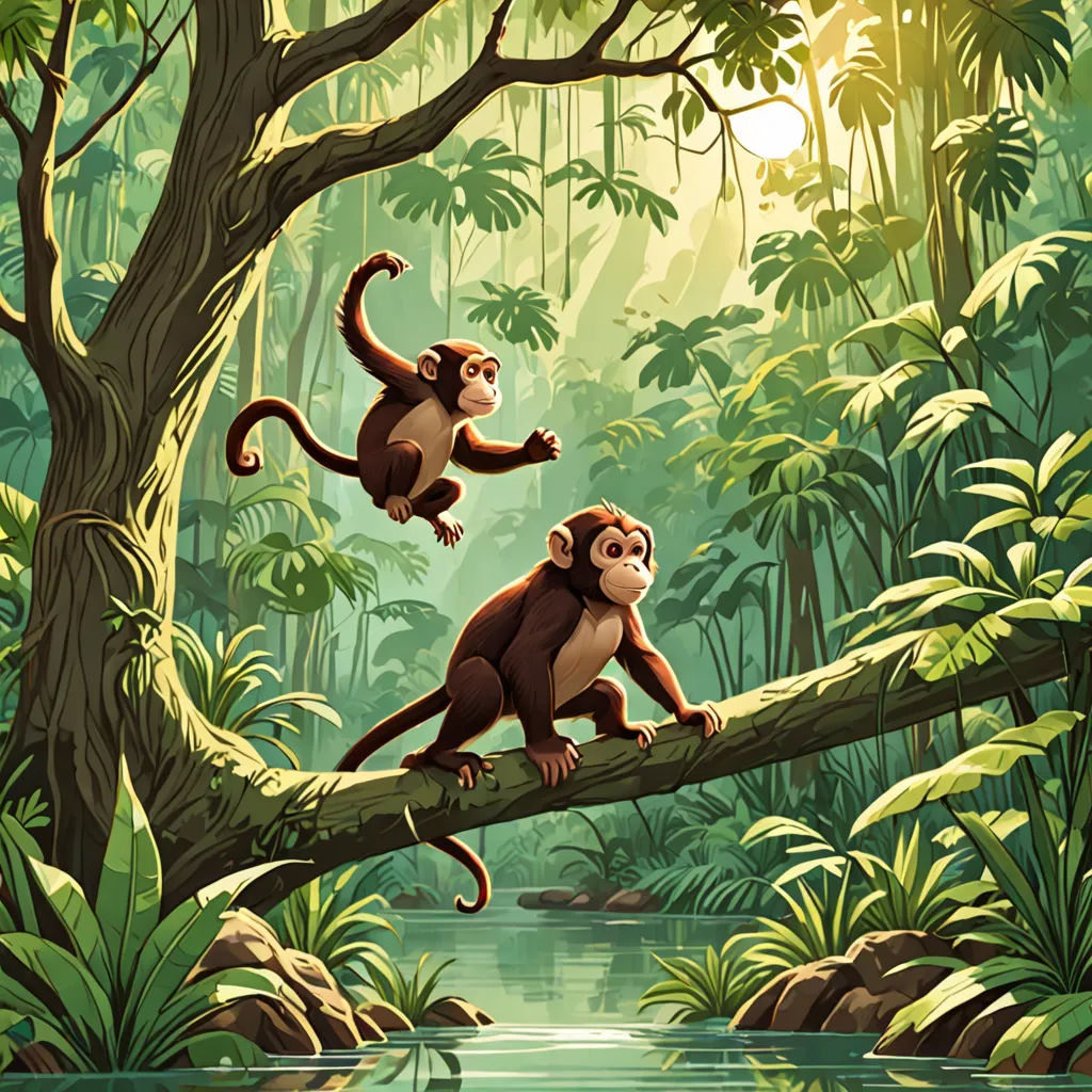 two monkeys sitting on a tree branch in a jungle setting with a river running through the jungle below them, naturalism, a storybook illustration, Chris LaBrooy, jungle