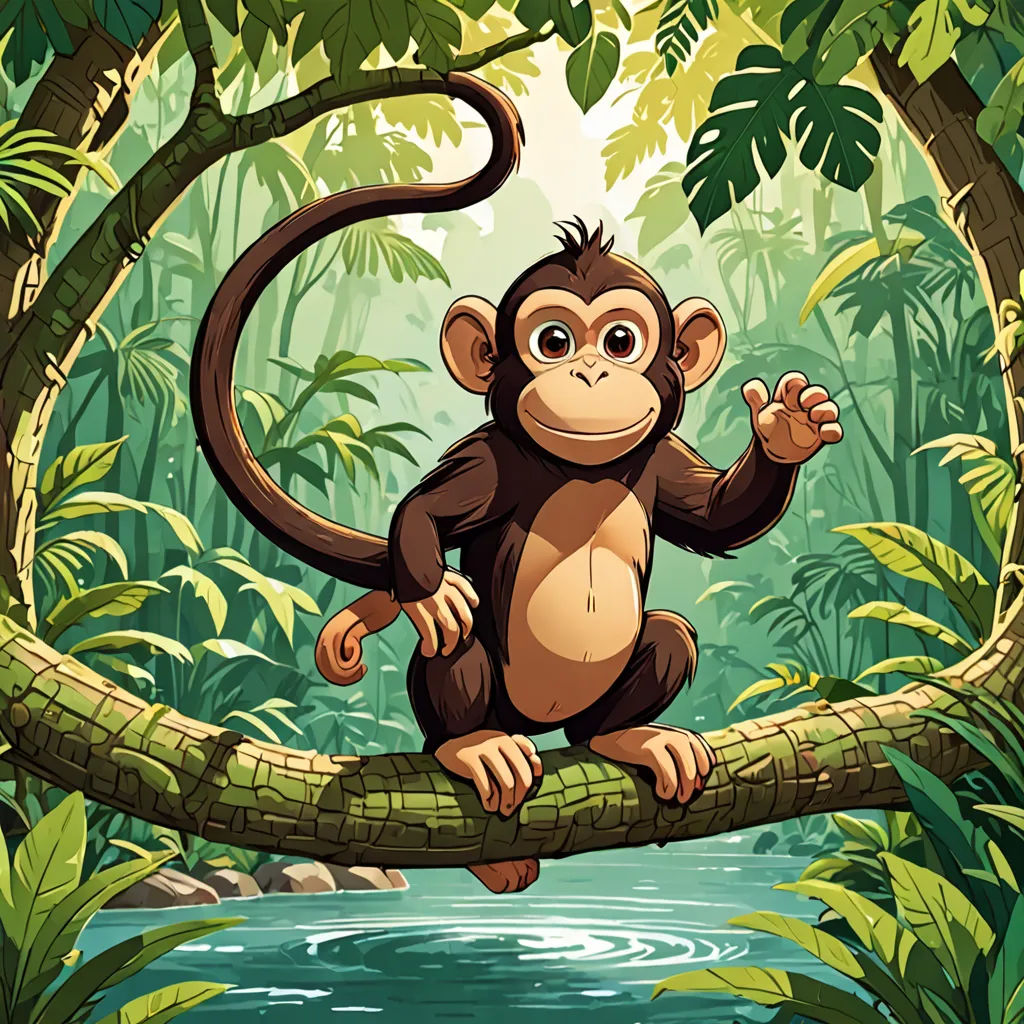 a monkey sitting on a tree branch in a jungle with a river in the background illustration by alex krawc, sumatraism, a storybook illustration, Alex Petruk APe, jungle