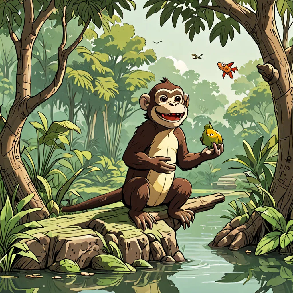 a monkey sitting on a rock in a forest holding a piece of fruit in his hand and a butterfly flying above, naturalism, a storybook illustration, Chris LaBrooy, storybook illustration