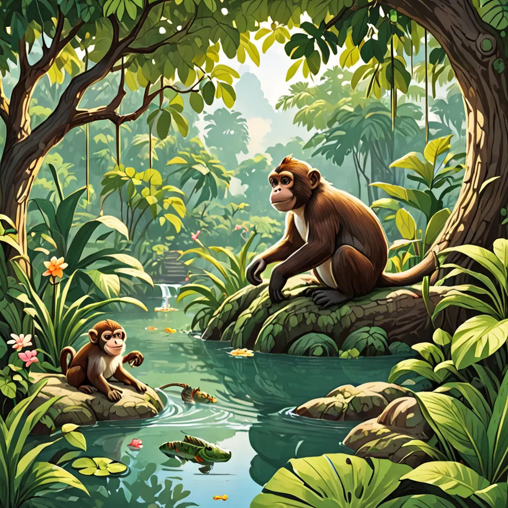 a monkey and a monkey sitting on rocks in a jungle with a river and trees in the background and a frog in the foreground, naturalism, a storybook illustration, Chris LaBrooy, jungle