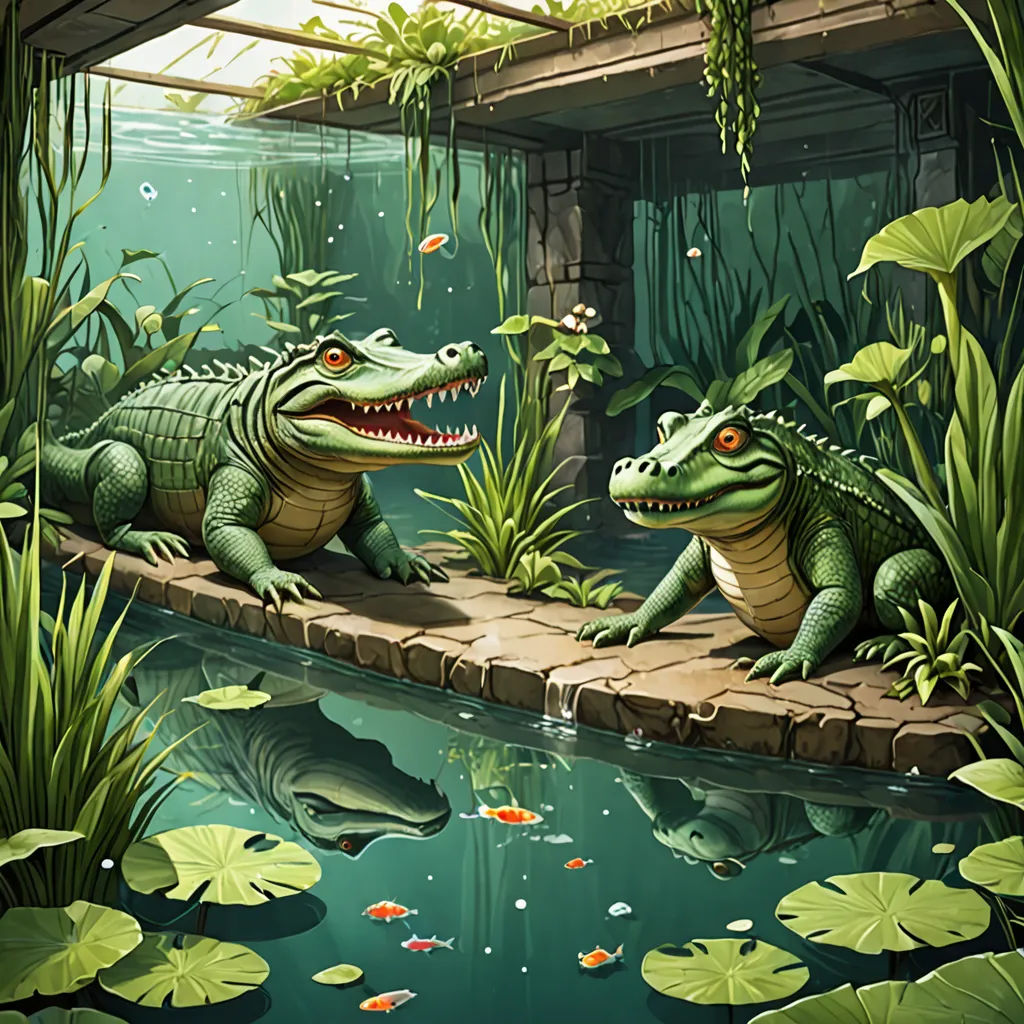 two alligators are sitting on a stone bridge over a pond of water and plants and plants are around them, fantasy art, a storybook illustration, Andreas Rocha, highly detailed digital painting