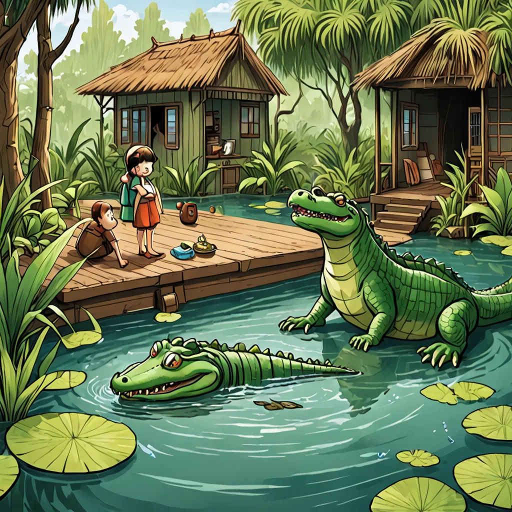 a girl and a boy are standing on a dock near a crocodile and a crocodile in a pond with lily pads, naive art, a storybook illustration, Diego Gisbert Llorens, storybook illustration