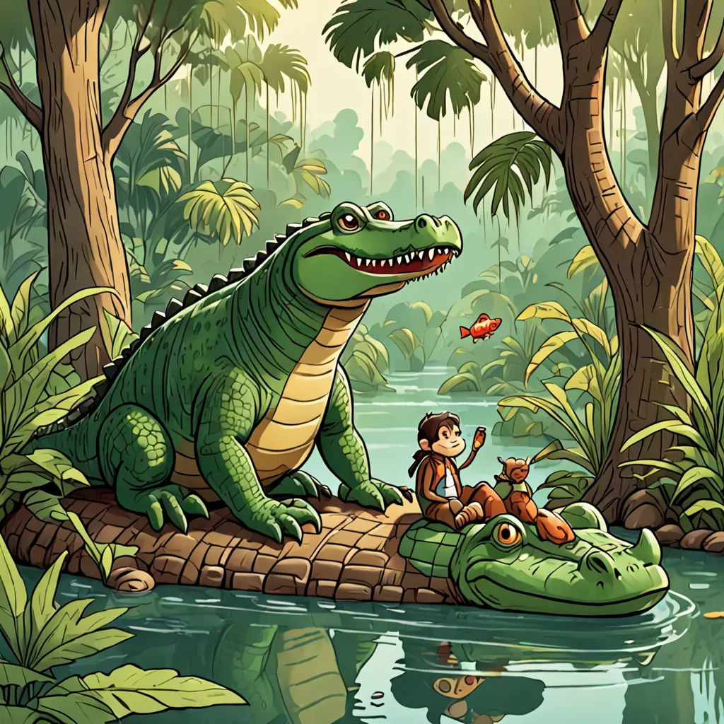 a cartoon alligator and a boy on a log in a jungle with a pond and trees and a stream, fantasy art, a storybook illustration, Diego Gisbert Llorens, storybook illustration
