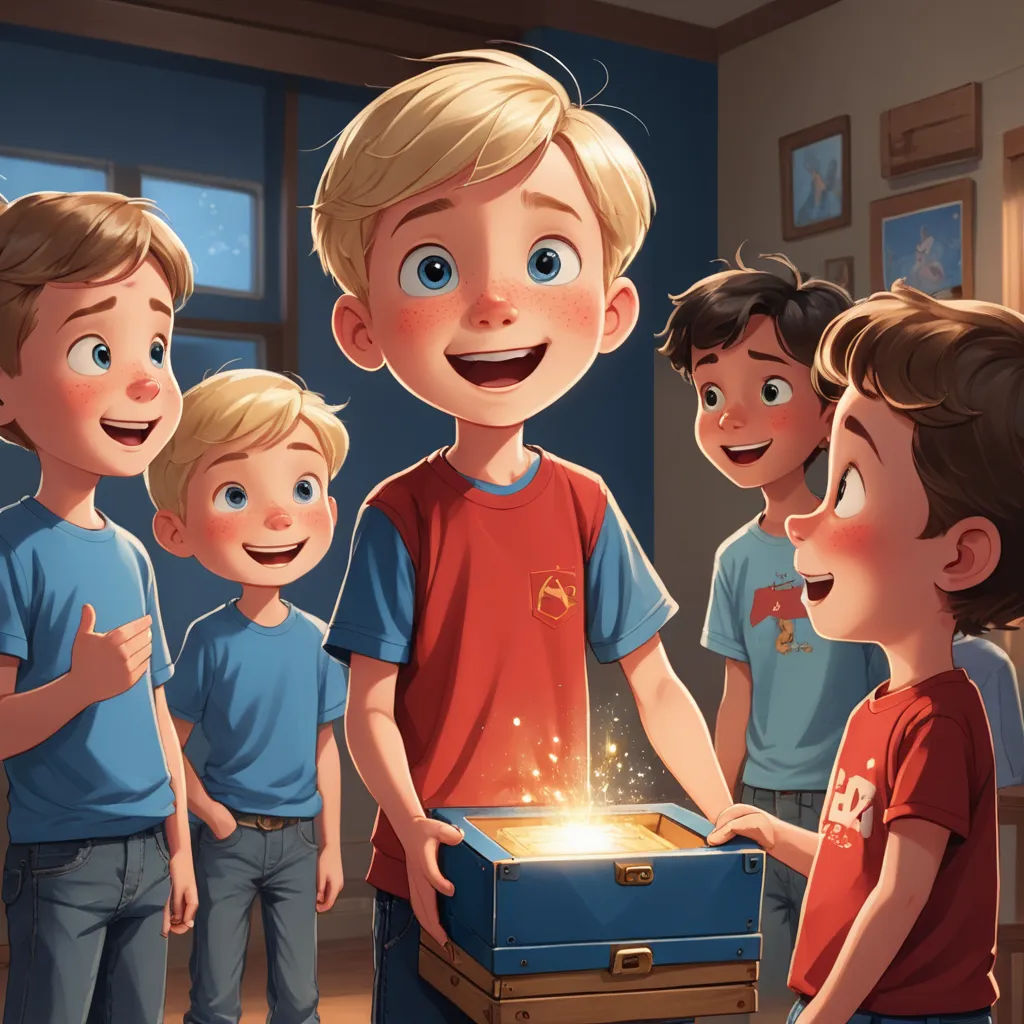 a group of children standing around a box with a glowing item in it's mouth and a smiling man standing next to them, sots art, a storybook illustration, Diego Gisbert Llorens, storybook illustration