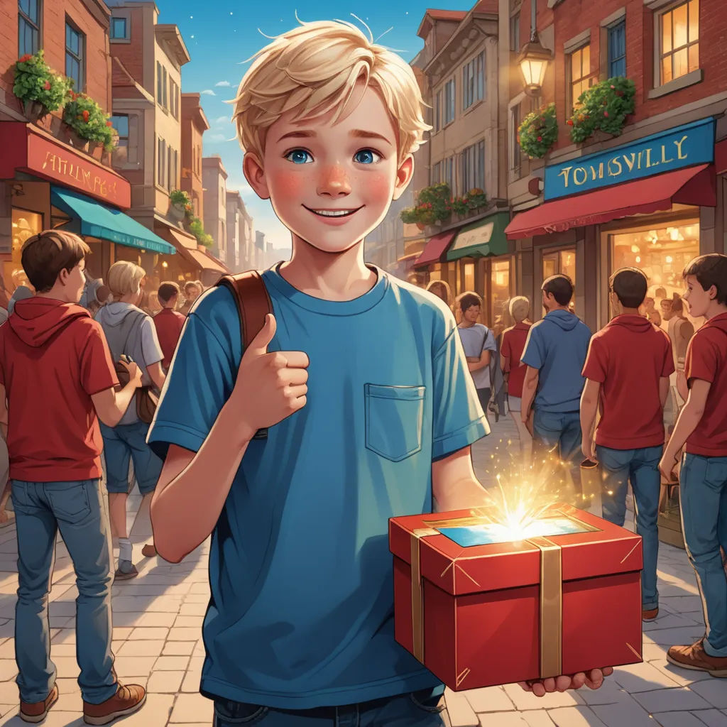 a boy holding a box with a glowing light inside of it in a crowded street with people walking around, american scene painting, a storybook illustration, Drew Struzan, rossdraws global illumination
