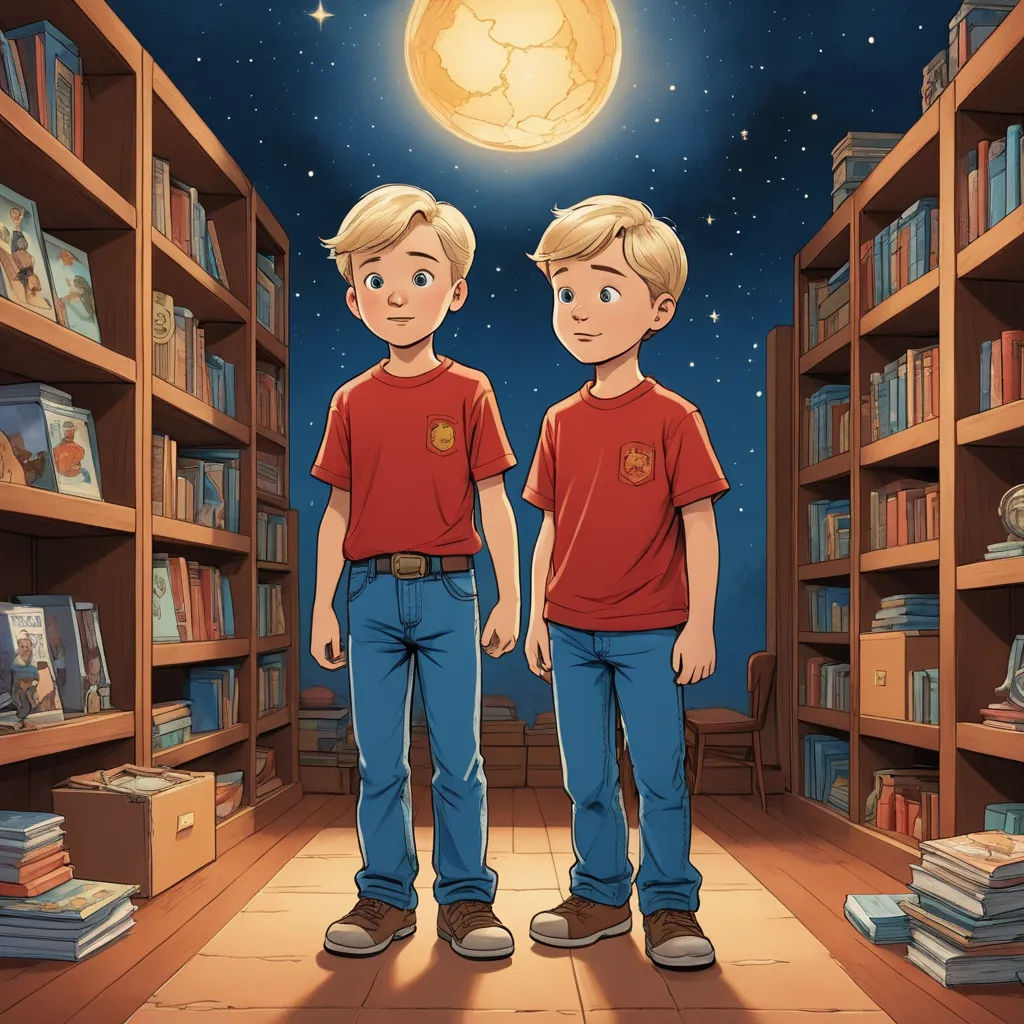 two boys standing in a library with bookshelves and a full moon in the background, with a bookcase full of books, space art, a storybook illustration, Brothers Hildebrandt, storybook illustration