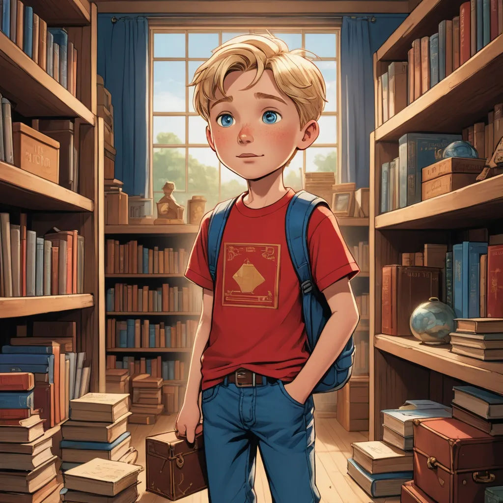 a boy standing in a library with a book case in front of him and a suitcase in front of him, fantasy art, a storybook illustration, Aaron Jasinski, rossdraws global illumination