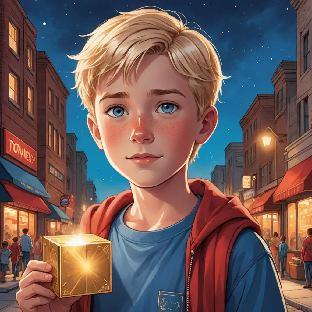 a boy holding a golden cube in his hand on a city street at night with people walking around and a street light in the background, photorealism, a storybook illustration, Aaron Jasinski, rossdraws global illumination