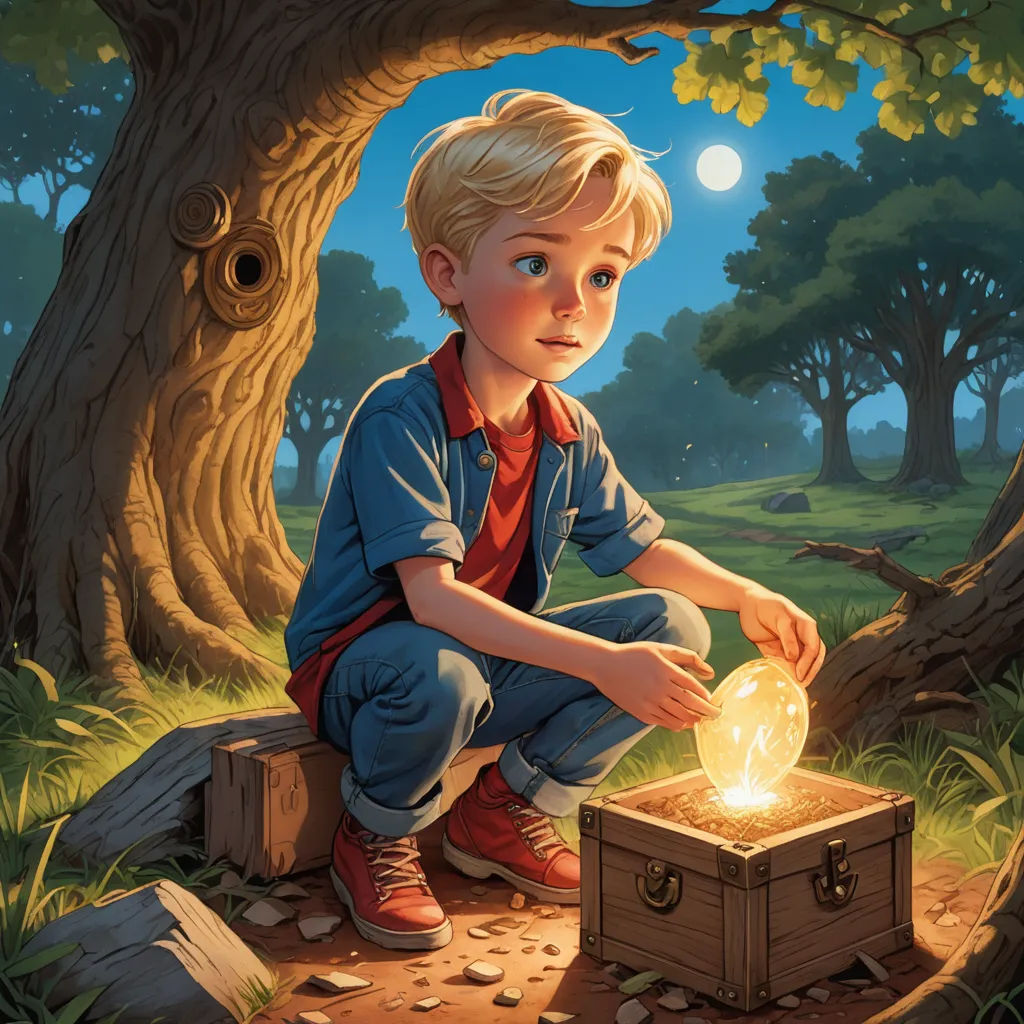 a boy sitting on a trunk holding a glowing orb in his hand while sitting on a trunk in the woods, fantasy art, a storybook illustration, Aaron Jasinski, rossdraws global illumination