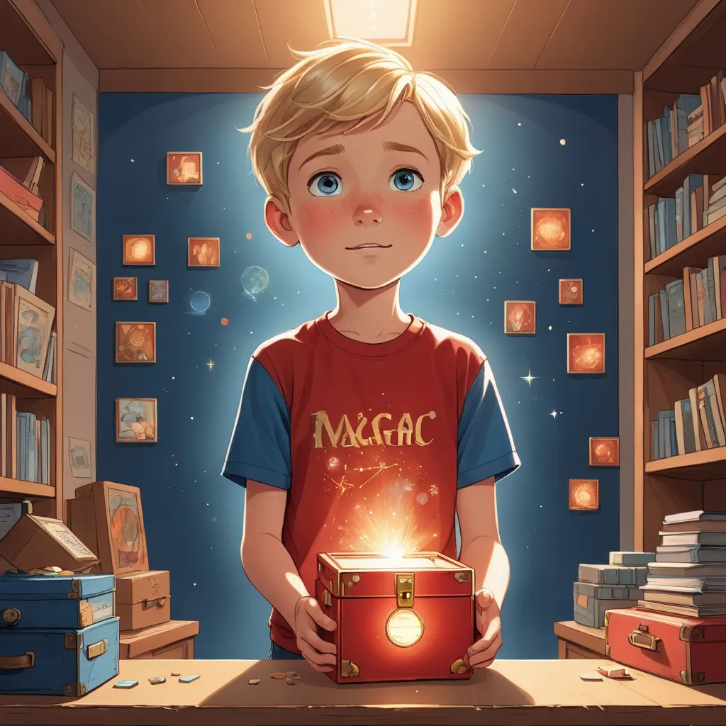 a boy holding a box with a glowing light inside of it in a room full of books and a bookcase, magical realism, a storybook illustration, Drew Struzan, rossdraws global illumination