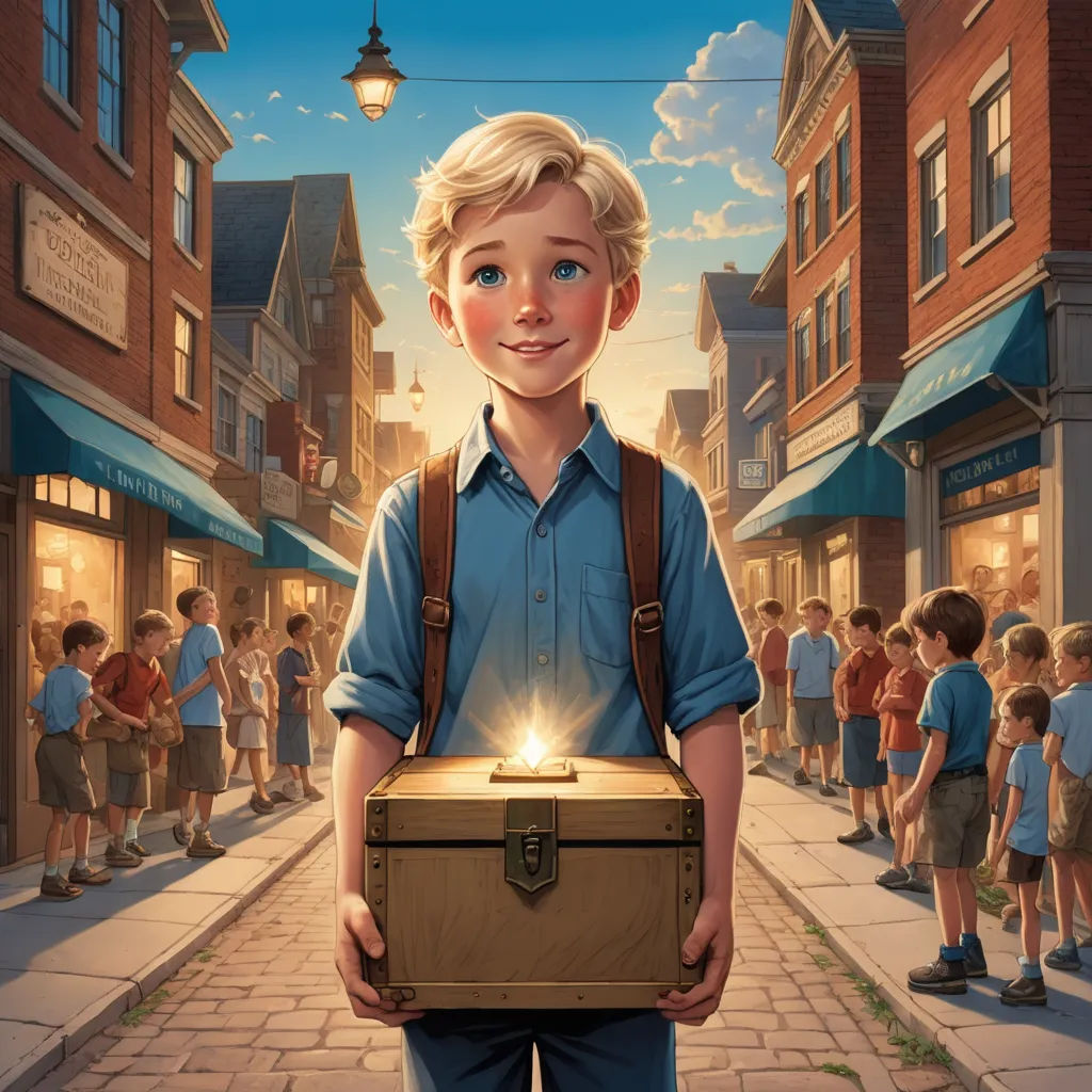 a boy holding a box with a light inside of it in front of a crowd of children on a street, magical realism, a storybook illustration, Bob Byerley, rossdraws global illumination