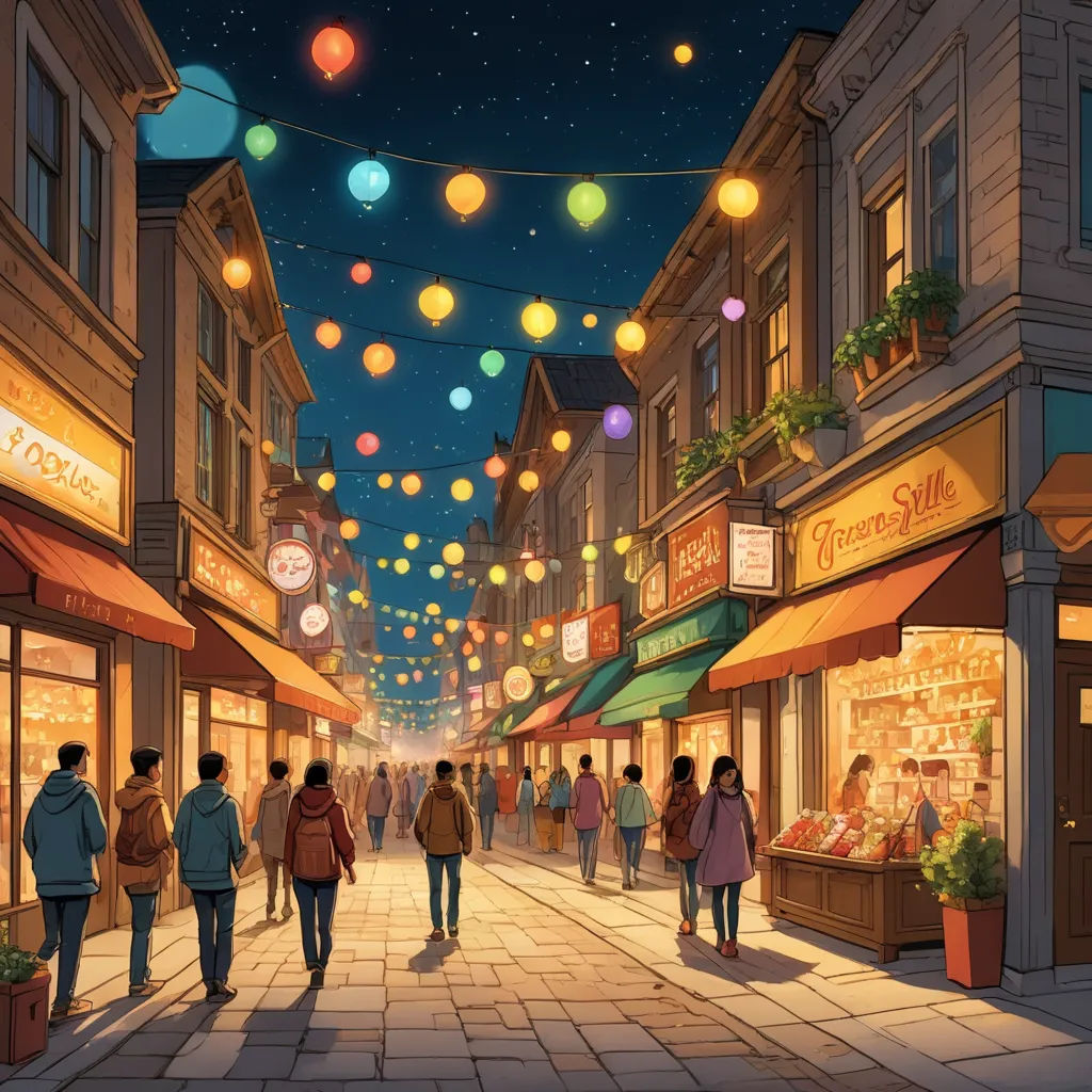 a painting of a city street with people walking around and shops on both sides of the street at night, magic realism, concept art, Evgeny Lushpin, official art