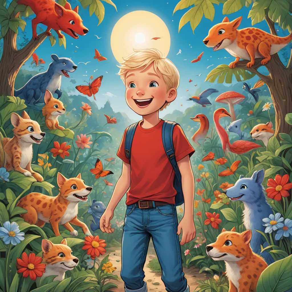 a boy standing in a forest with animals around him and smiling at the camera with a full moon in the background, furry art, a storybook illustration, Aaron Jasinski, comic cover art