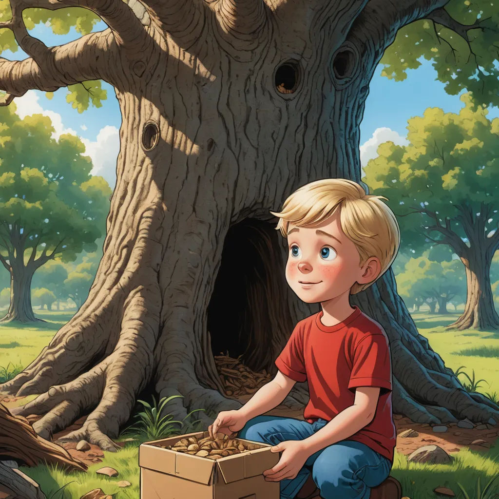 a boy sitting on the ground in front of a tree with a box of nuts in it and a hole in the ground, magical realism, a storybook illustration, Aaron Jasinski, storybook illustration