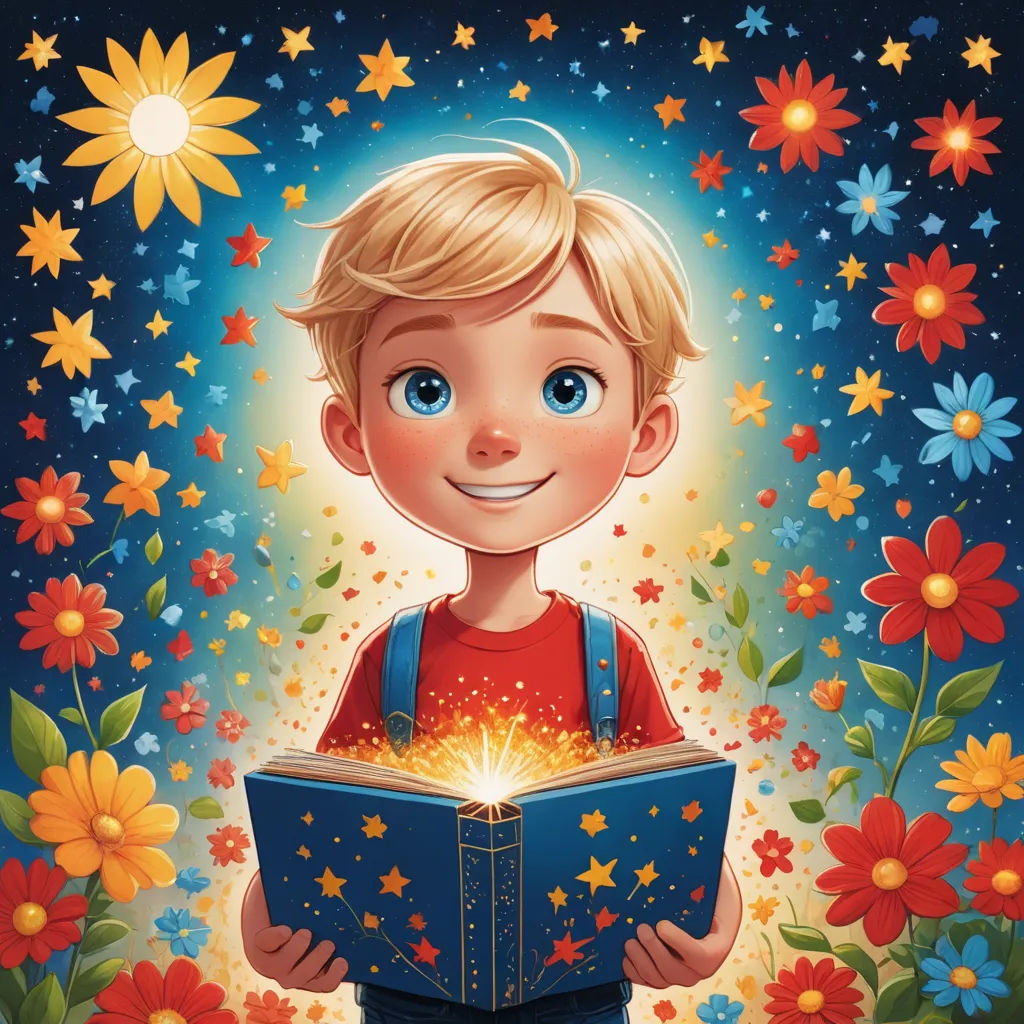 a boy is holding a book in his hands and smiling at the camera with flowers around him and a star above him, space art, a storybook illustration, Diego Gisbert Llorens, storybook illustration