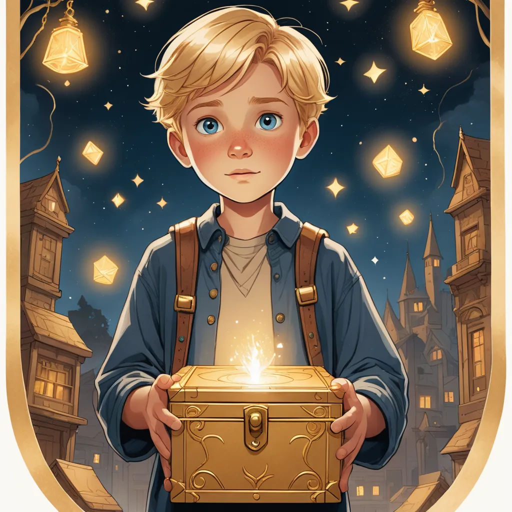 a boy holding a box with a glowing light inside of it in front of a cityscape with a glowing light coming out of it, fantasy art, a storybook illustration, Aaron Jasinski, rossdraws global illumination