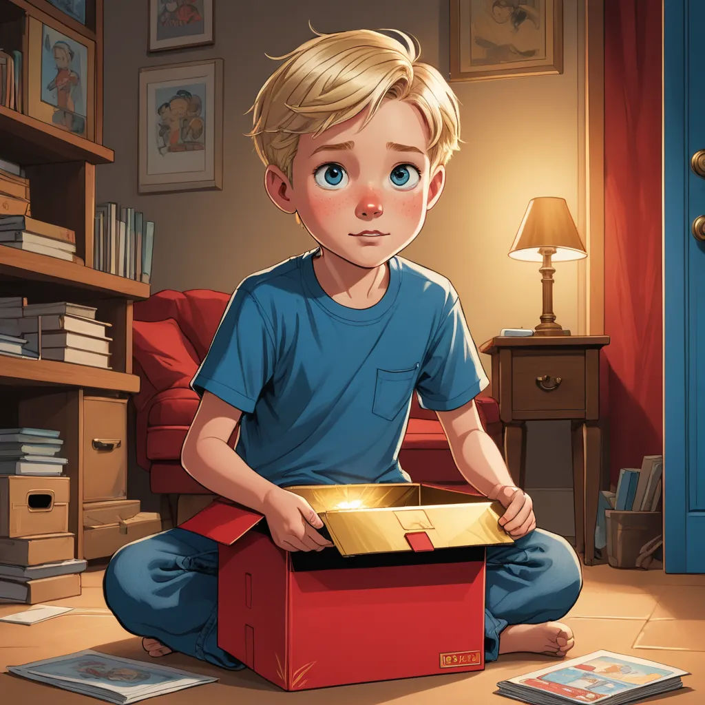 a boy sitting on the floor with a box in his hands and a remote in his hand, in front of a bookcase, photorealism, a storybook illustration, Drew Struzan, rossdraws global illumination