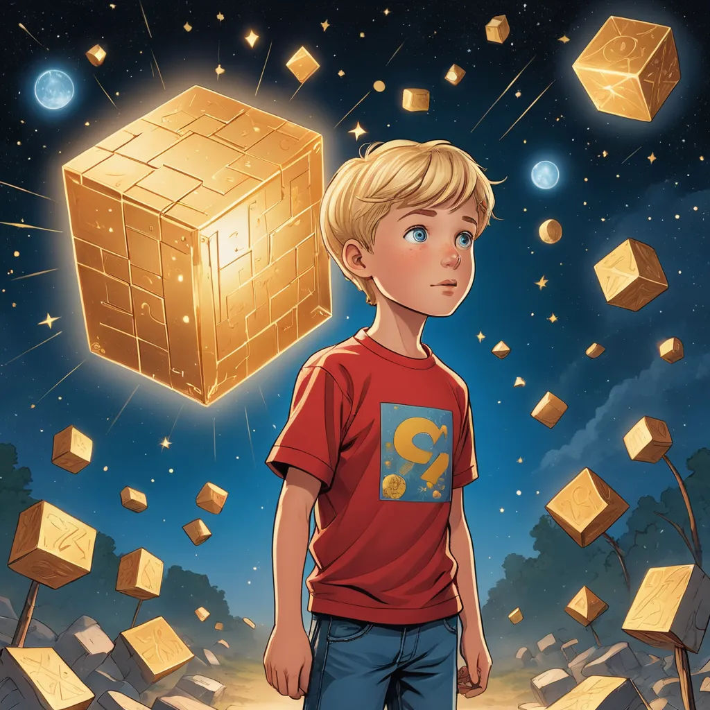 a boy standing in front of a golden cube with a question mark on it's chest and a sky full of gold cubes, cubo-futurism, a storybook illustration, Aaron Jasinski, rossdraws global illumination
