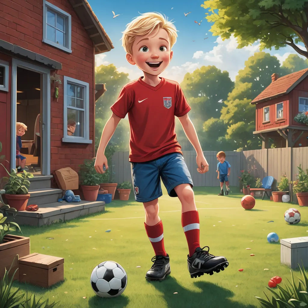 a boy in a red shirt kicking a soccer ball in a yard with a red house and trees in the background, american scene painting, a storybook illustration, Bob Byerley, official art