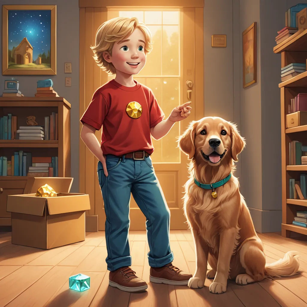 a boy and his dog are standing in a room with a bookcase and a window with a star on it, sots art, a storybook illustration, Chris LaBrooy, rossdraws global illumination
