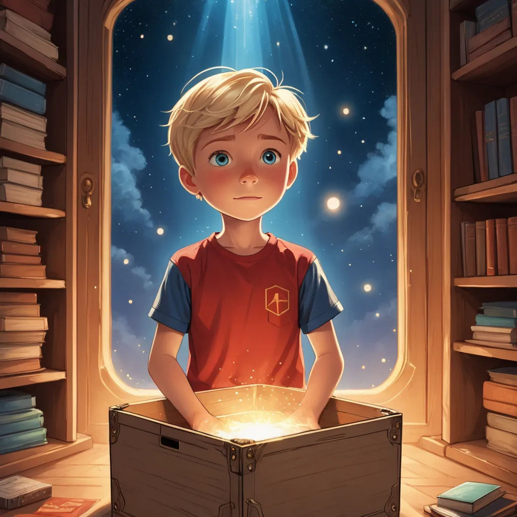 a boy is looking out of a window at a light shining in the sky and a box with a glowing light inside, magical realism, a storybook illustration, Aaron Jasinski, rossdraws global illumination