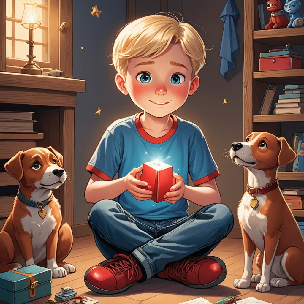 a boy sitting on the floor with two dogs looking at him and reading a book with a glowing light on his face, sots art, a storybook illustration, Aaron Jasinski, rossdraws global illumination