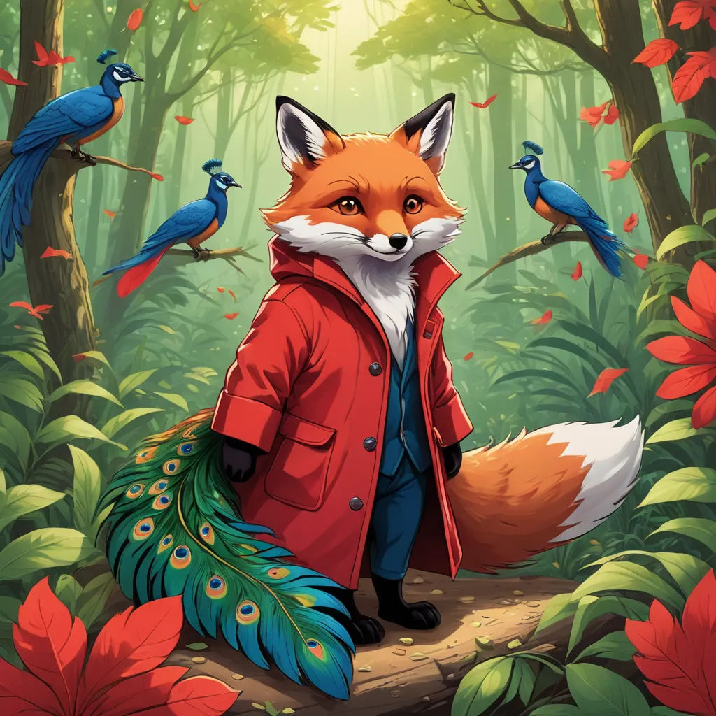 a fox in a red jacket and a peacock in a forest with red flowers and leaves, and a red jacket with a red hood, blue tail, and a red jacket, and a blue, furry art, a character portrait, Aaron Jasinski, official art