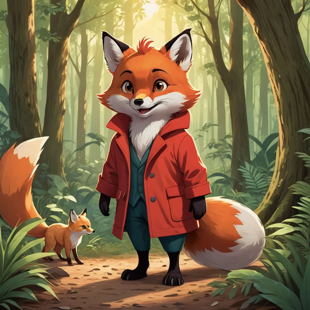 a fox and a fox cub are walking through a forest together, with a red jacket on and a green coat on, furry art, a storybook illustration, Cliff Childs, official art