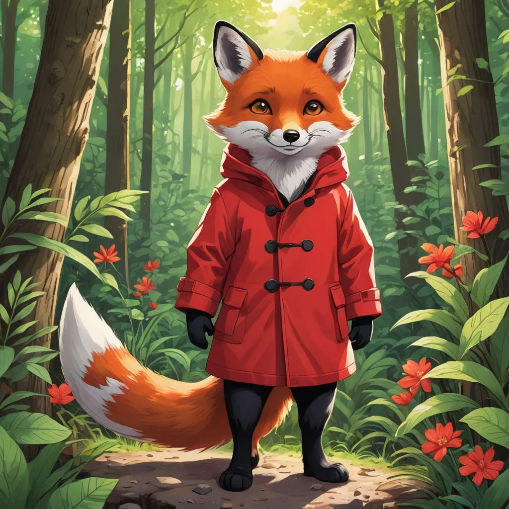 a fox in a red coat stands in a forest with red flowers and trees, looking at the camera, furry art, a character portrait, Aaron Jasinski, official art