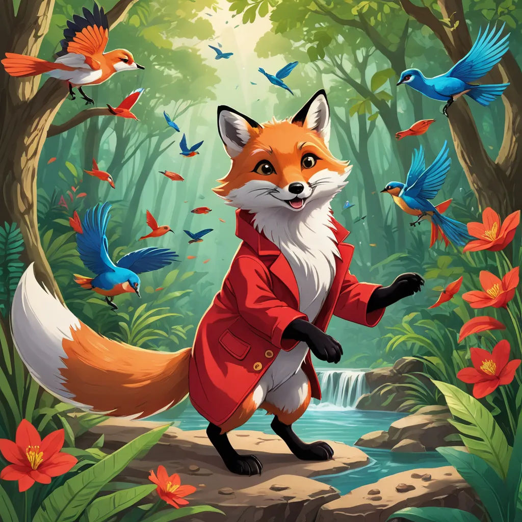 a fox in a red coat is standing in the woods with birds flying around him and a waterfall in the background, furry art, a storybook illustration, Chris LaBrooy, key art