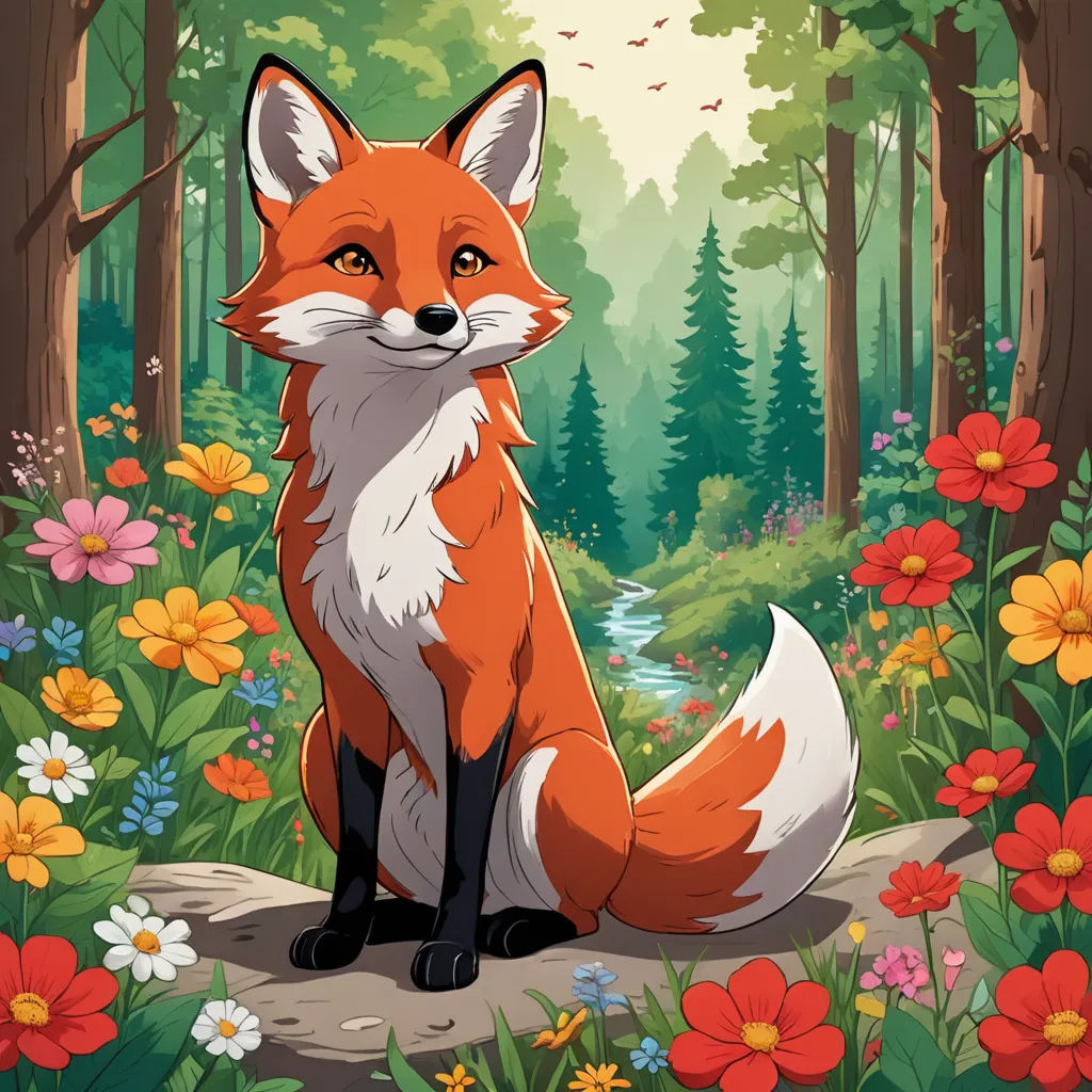 a fox sitting in a forest with flowers and trees around it, looking at the camera with a smile, furry art, a character portrait, Anne Said, official art