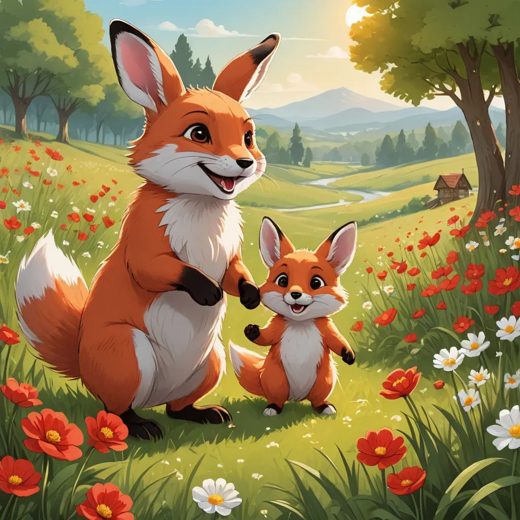 a fox and a baby fox in a field of flowers and trees with a tent in the background and a tent in the background, furry art, a storybook illustration, Anne Said, official art