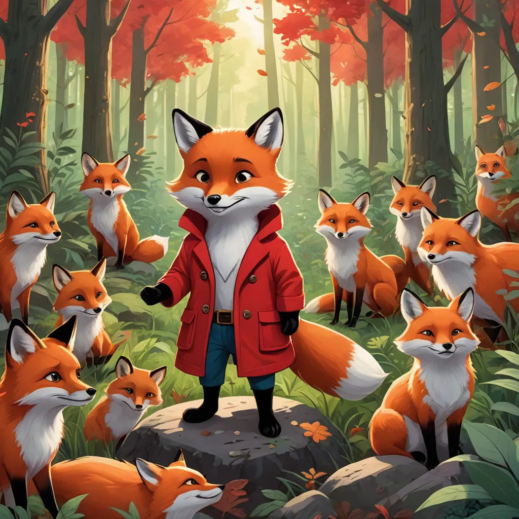 a painting of a fox in a red coat surrounded by other foxes in a forest with a man in the background, furry art, a storybook illustration, Aaron Jasinski, furaffinity