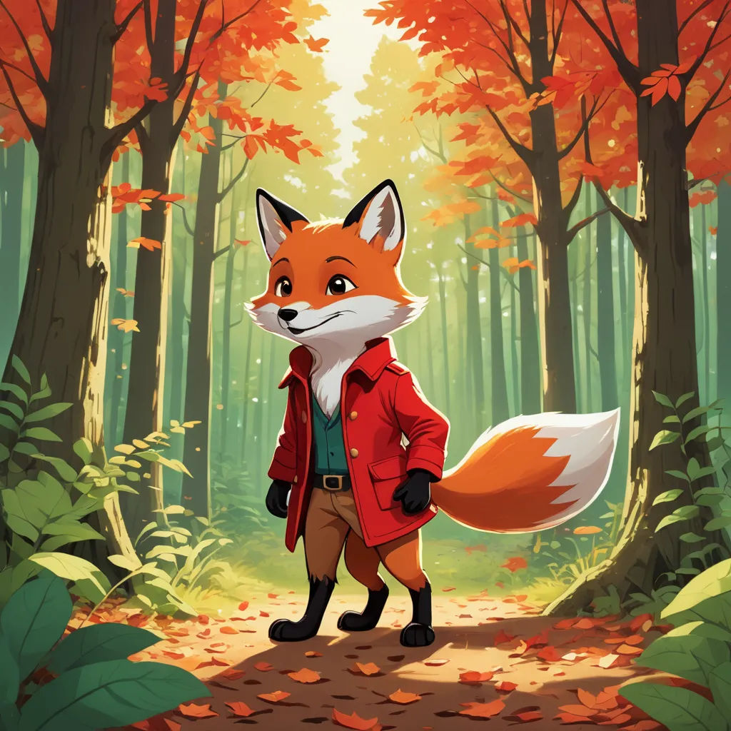 a fox in a red jacket is standing in the woods with leaves on the ground and trees in the background, furry art, a character portrait, Cliff Childs, official art