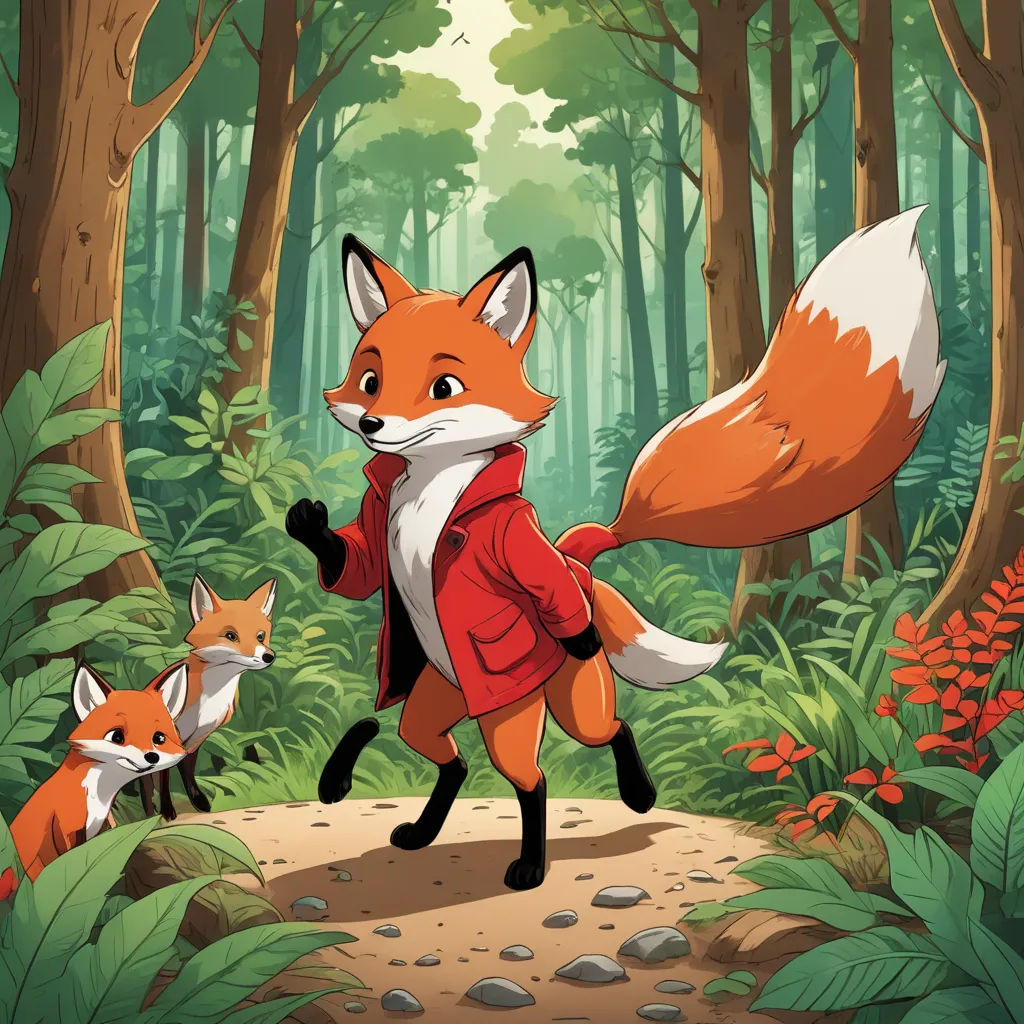 a fox and a fox cub are walking through the woods together, with a red jacket on and a red jacket on, furry art, a storybook illustration, Cliff Childs, key art
