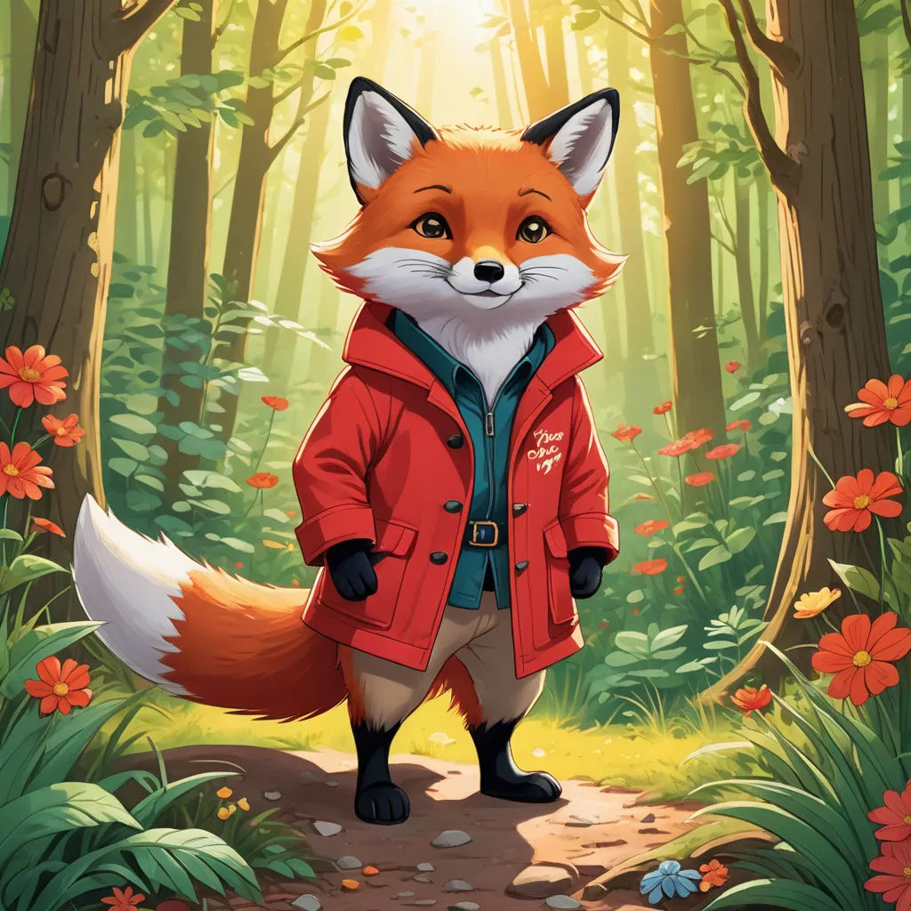 a red fox in a red jacket stands in a forest with flowers and trees in the background, with a bright light coming from behind, furry art, a character portrait, Aaron Jasinski, official art