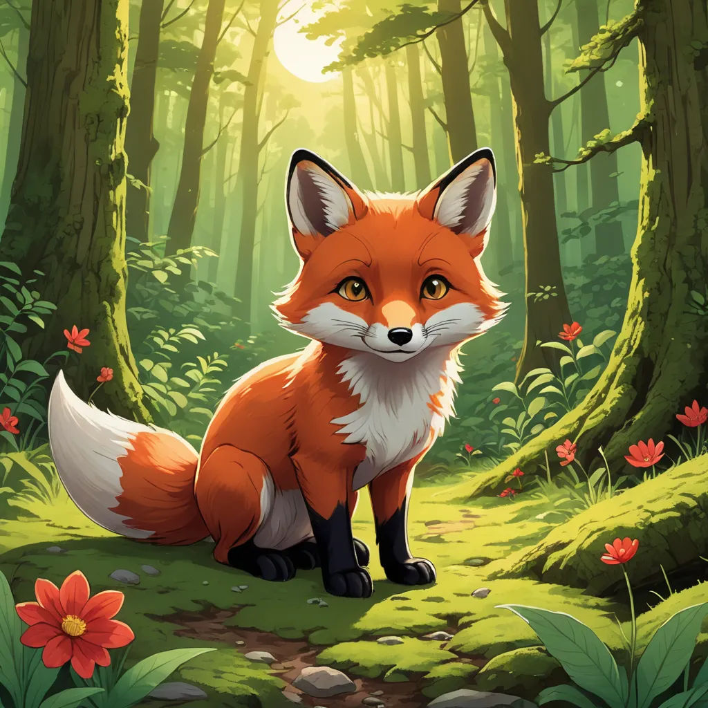 a red fox sitting in the middle of a forest with flowers and trees around it, looking at the camera, furry art, a storybook illustration, Aaron Jasinski, official art