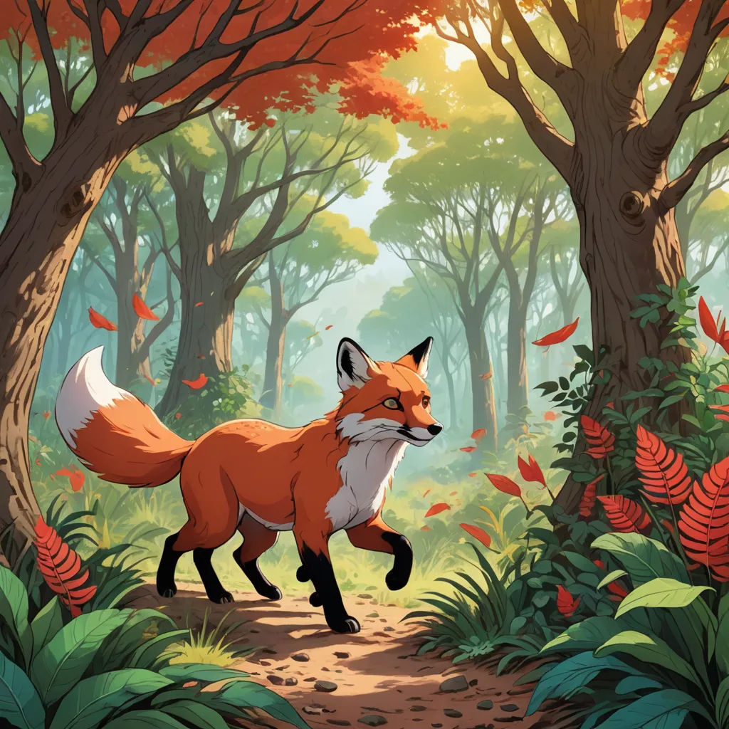 a fox is running through a forest with leaves on the ground and trees in the background, with leaves falling from the trees, furry art, a storybook illustration, Chris LaBrooy, official art