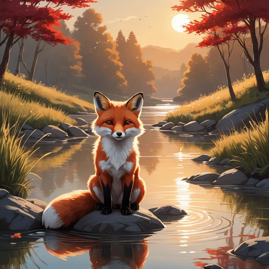 a painting of a fox sitting on a rock in a river with a sunset in the background and trees, furry art, a digital painting, Dan Mumford, serene