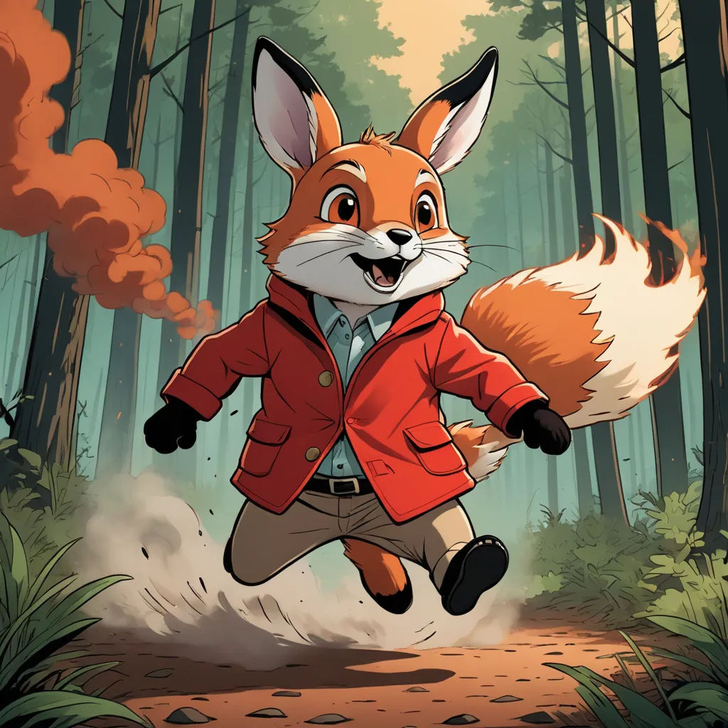 a cartoon fox running through a forest with a red jacket on and a red jacket on, and a red blazer on, furry art, a character portrait, Diego Gisbert Llorens, official art